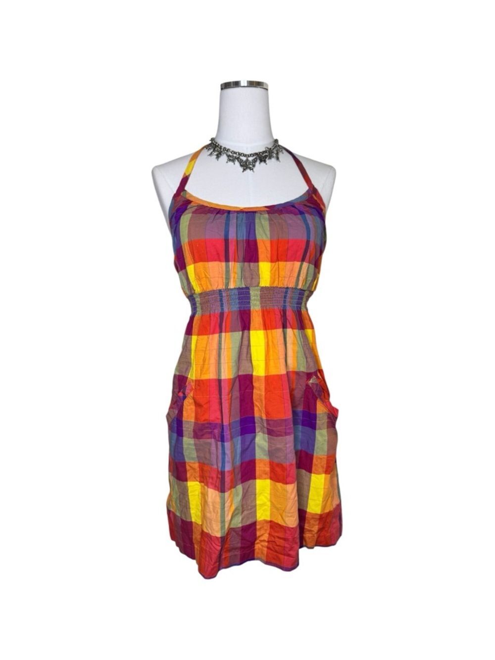 Y2K Old Navy Multicolor Plaid Colorful Halter Dress with Smocked Waist Size XS